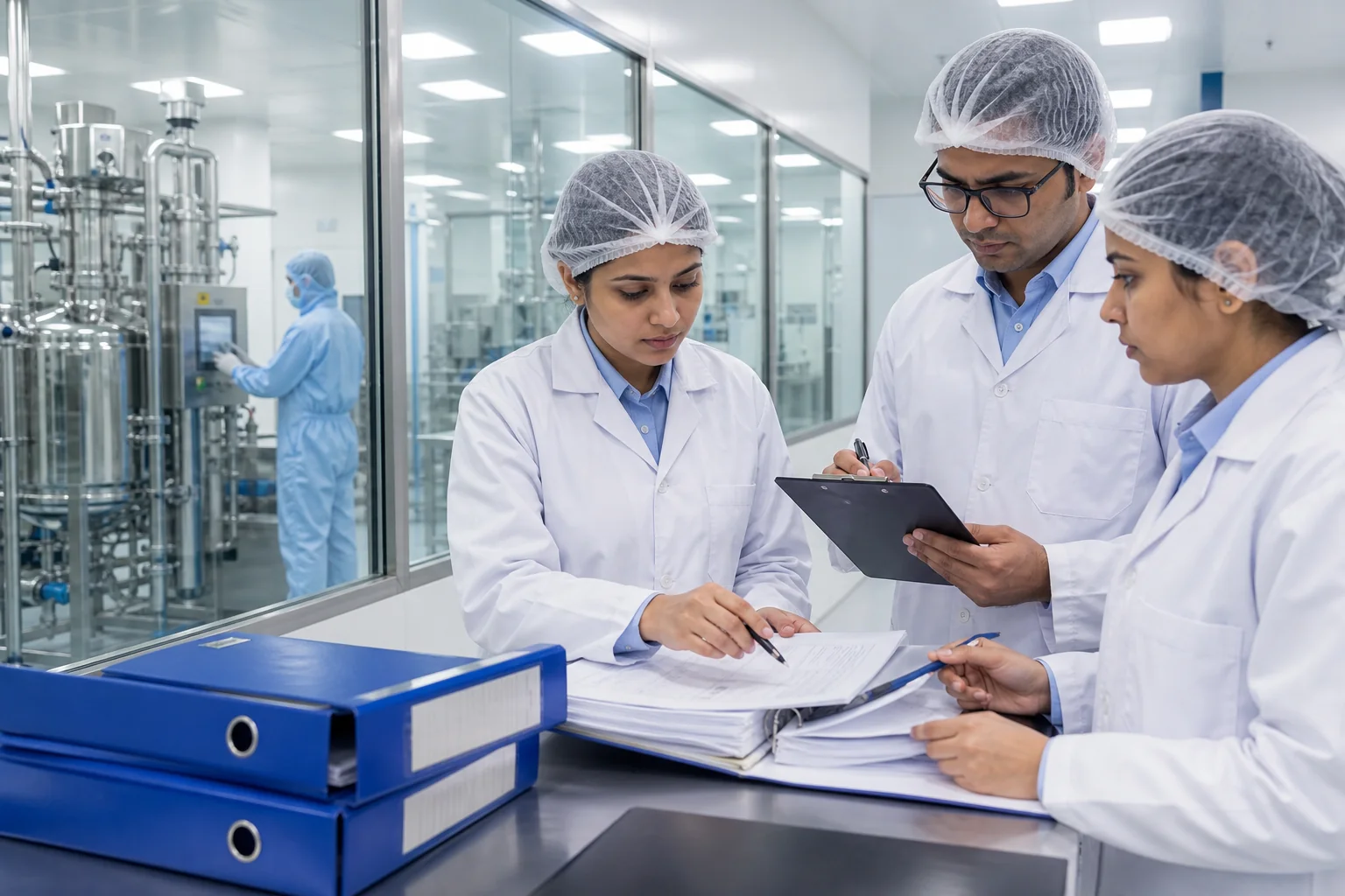 Quality assurance professionals reviewing GMP compliance documentation