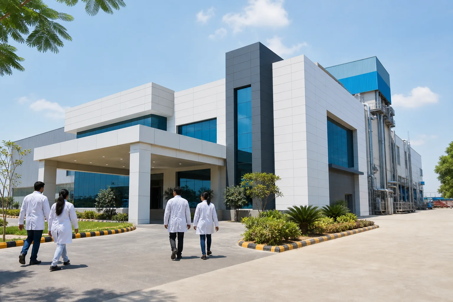 Modern pharmaceutical manufacturing campus and professional workforce
